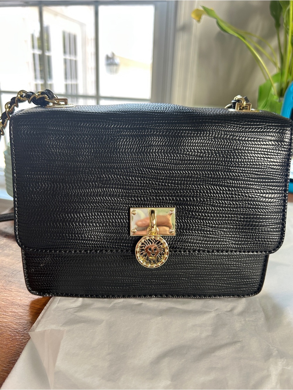Anne Klein Black Leather Crossbody Bag with Gold Accent